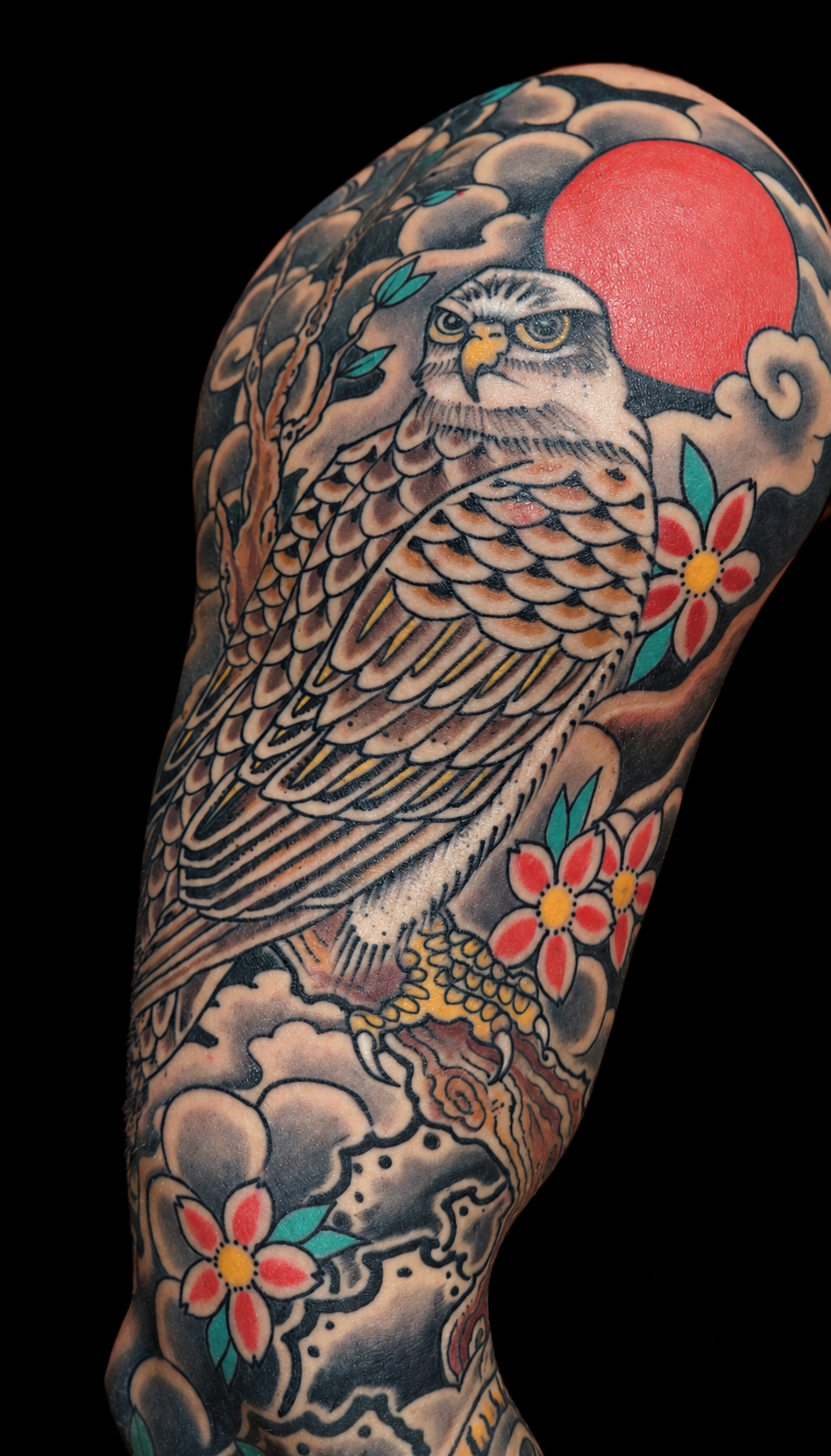 Colour Japanese eagle and cherry blossom sleeve tattoo displayed on a black gallery background