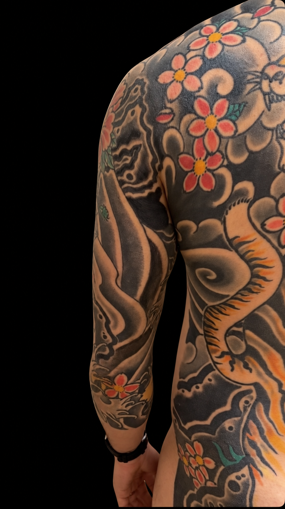 Japanese back and sleeve tattoo with cherry blossom
