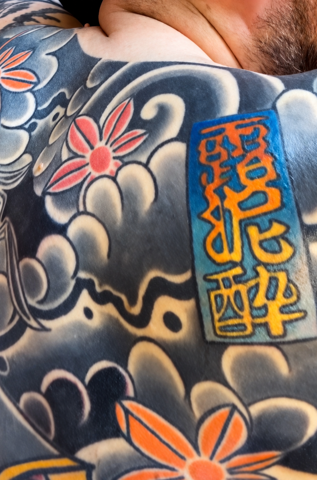 Colour Japanese tattoo detail with kanji panel