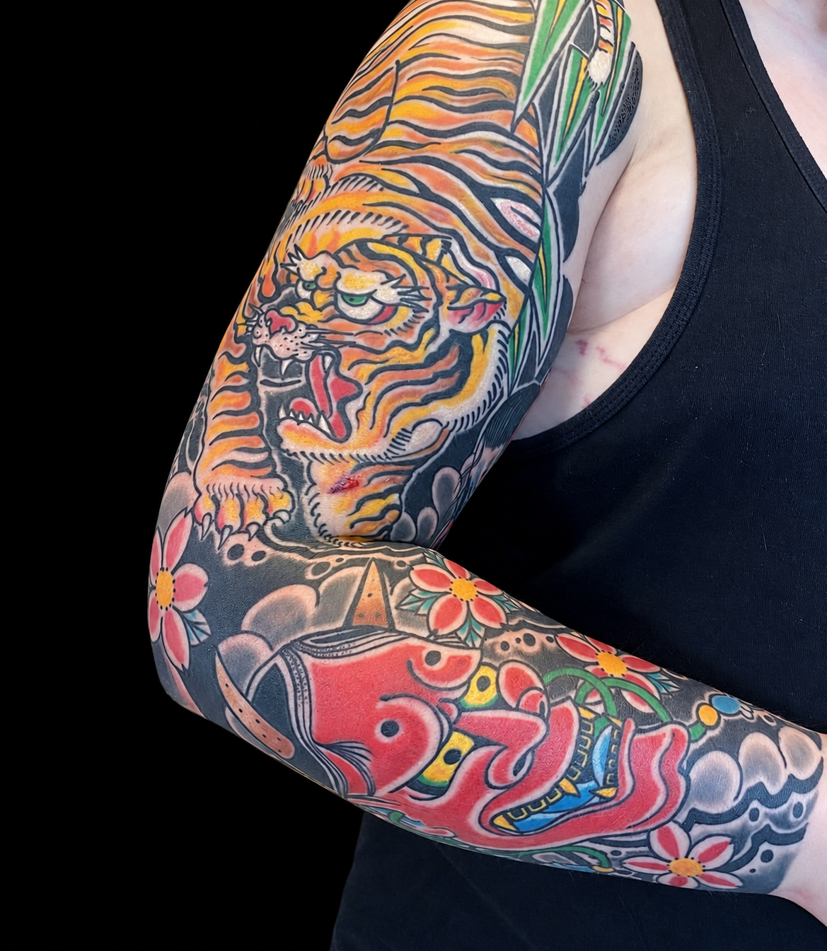Colour Japanese tiger and Hannya sleeve tattoo