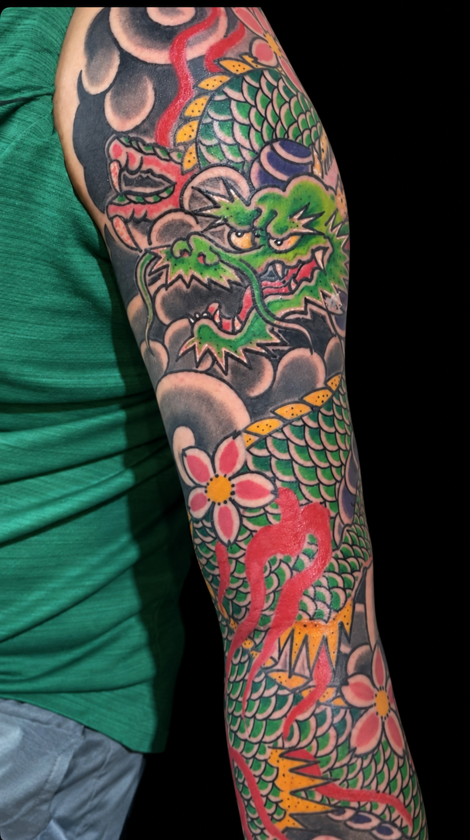 Colour Japanese dragon sleeve tattoo