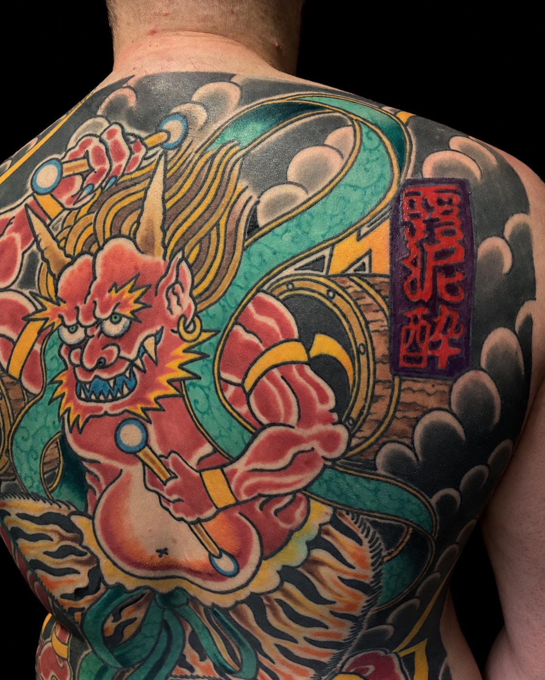 Colour Japanese oni and dragon backpiece with taiko drum