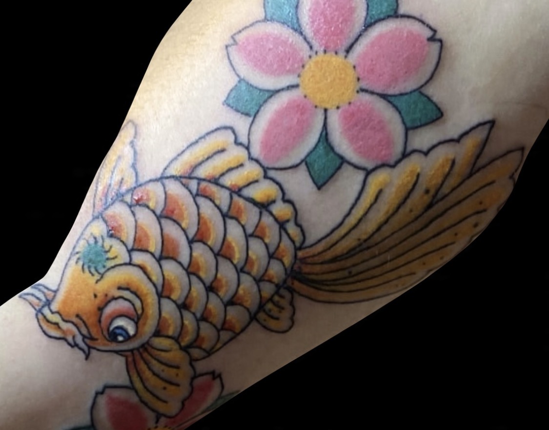 Traditional koi and cherry blossom tattoo on a solid black background