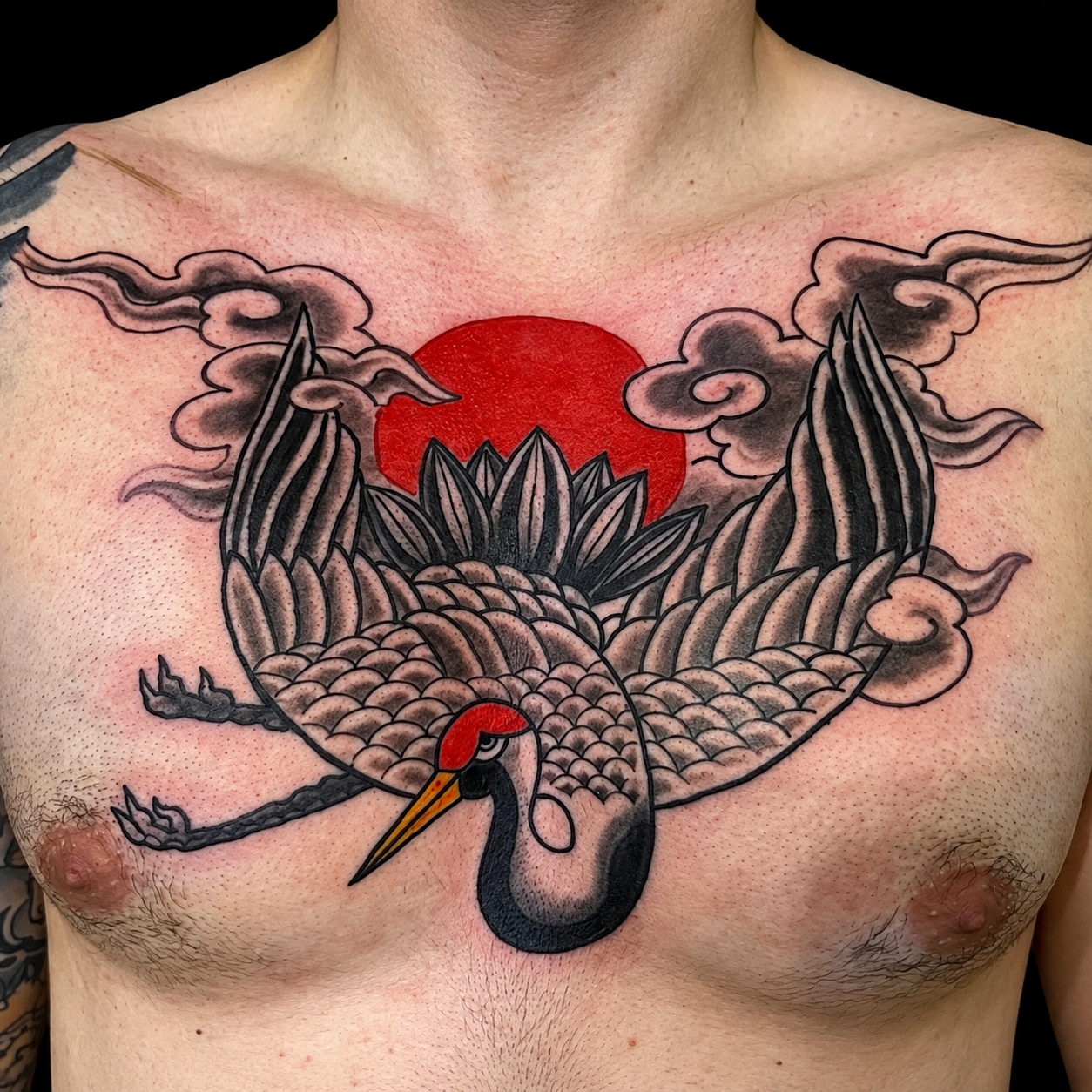 Japanese crane and red sun chest tattoo on a solid black background