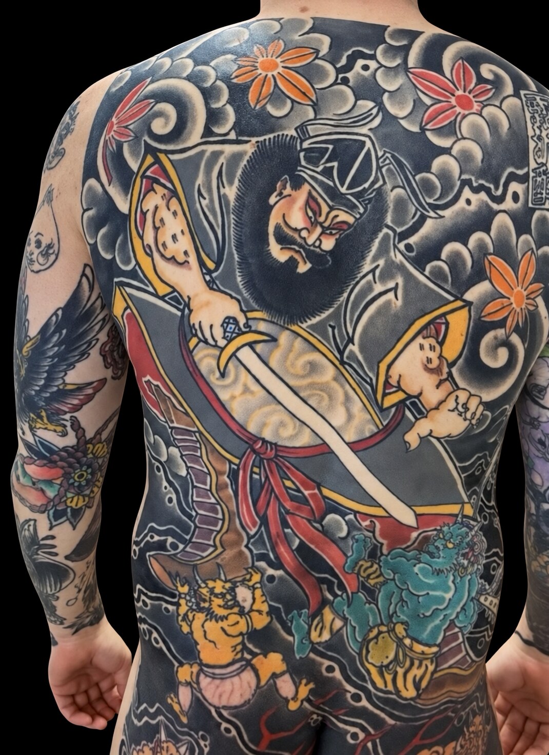 Colour Japanese samurai warrior backpiece on a solid black background